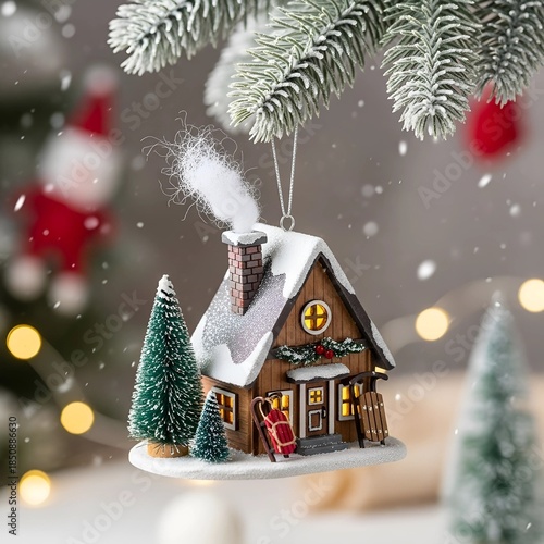 Wallpaper Mural Cute Snowy Cozy Cabin with Trees Beautiful Christmas Ornament on Festive Bokeh Background Torontodigital.ca