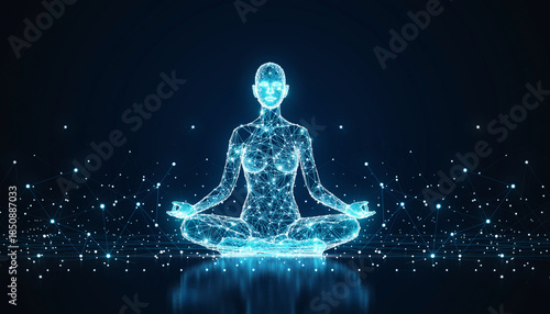 Futuristic Digital Human Meditating with Glowing Network Connections and Artificial Intelligence Concept.