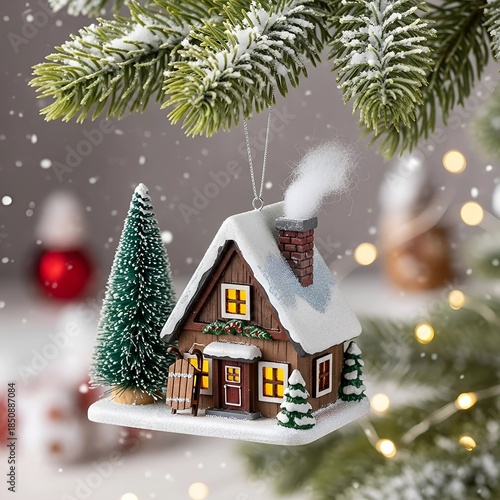 Wallpaper Mural Beautiful Snow-Covered Log House Cute Christmas Ornament with Glowing Windows Background Torontodigital.ca