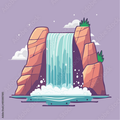 Cartoon illustration of a waterfall cascading between rocky cliffs into a pool of water.