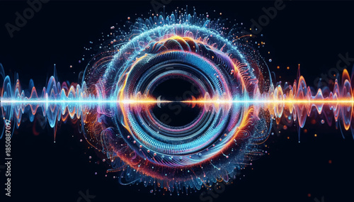 Sound waves are annular pressure waves visible due to particles and refraction of air. It is suitable for music visualizers, advertising of audio equipment.Vector graphics. EPS_04.