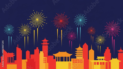 Vibrant cityscape with colorful fireworks exploding over asian style buildings at night