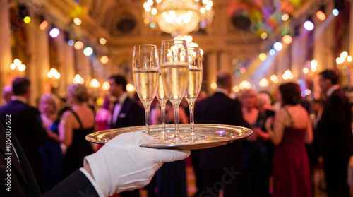 Waiter serves champagne at gala event. Champagne flutes on silver tray with bokeh ballroom lights, luxury celebration for newyear party, christmas banquet, wedding toast, festive mood