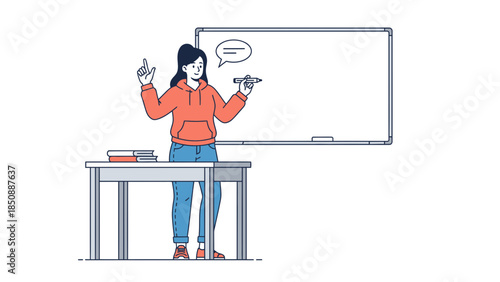 Cartoon Teacher Presenting in Classroom with Whiteboard and Student Desk