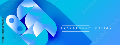 Abstract blue shapes overlap, creating dynamic visual effect. Gradient colors suggest depth, modern design elements present.