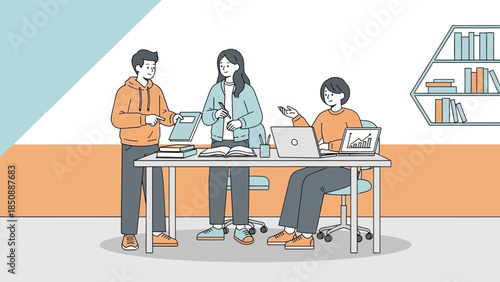 Collaborative team working together in modern office space with digital devices and documents