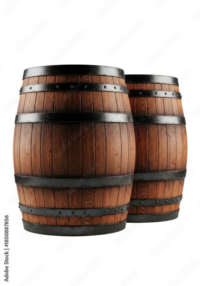 Fototapeta premium two french-style dark mahogany oak wine barrels, detailed photorealistic product shot featuring high-key lighting against a transparent studio background with copy space. concept of wine aging