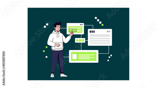 Modern Flat Design Illustration of a Young Man Interacting with Digital Interfaces on a Dark