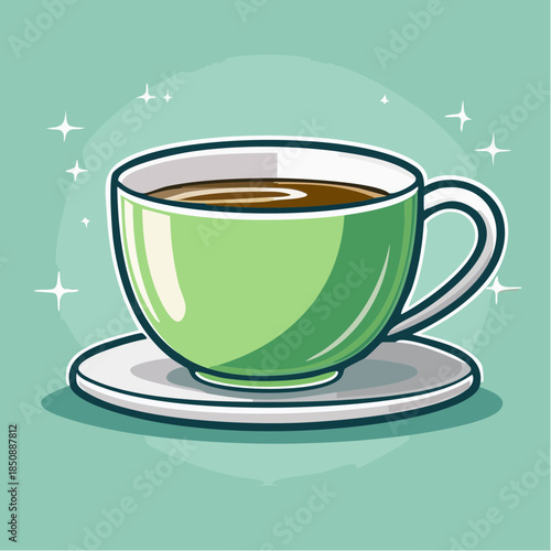 Illustration of a green teacup with tea on a white saucer with a light green background.