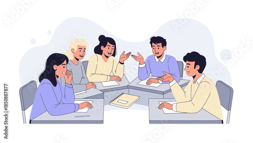 Business Meeting Discussion with Five Professionals Engaged in a Collaborative Conversation