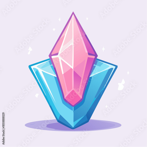 Illustration of a pink crystal sitting on top of a blue crystal on a light purple background.