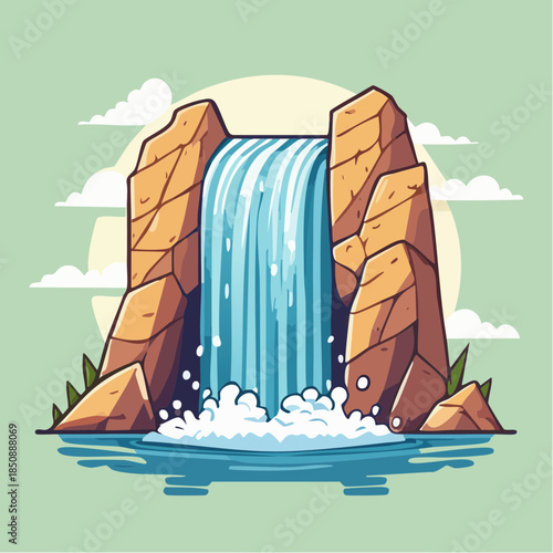 Cartoon illustration of a waterfall cascading between two rocky cliffs into a pool of water.