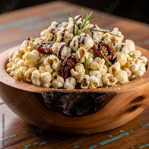 Gourmet Popcorn in Wooden Bowl with Rosemary  Tomato
