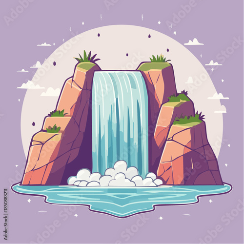 Cartoon illustration of a waterfall cascading down rocks into a pool of water.