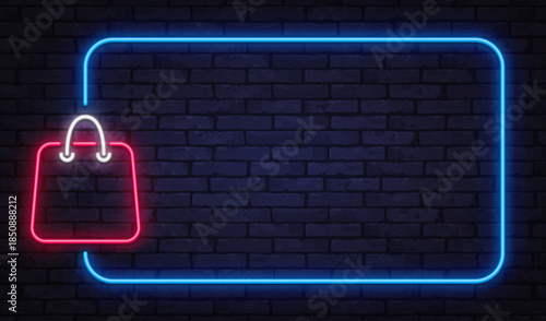 Clean neon vector frame with shopping bag icon on dark brick background. Great for retail promotions, online store banners, and modern sales design.