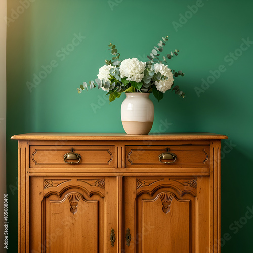 Vintage Wooden Cabinet  White Flowers on Green Wall