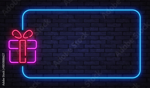 Bright neon vector frame with gift box symbol and glowing ribbon. Perfect for holiday offers, special deals, and celebration themed layouts.