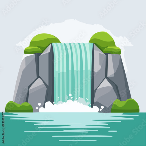 Illustration of a waterfall cascading between two rocky cliffs into a pool of water.
