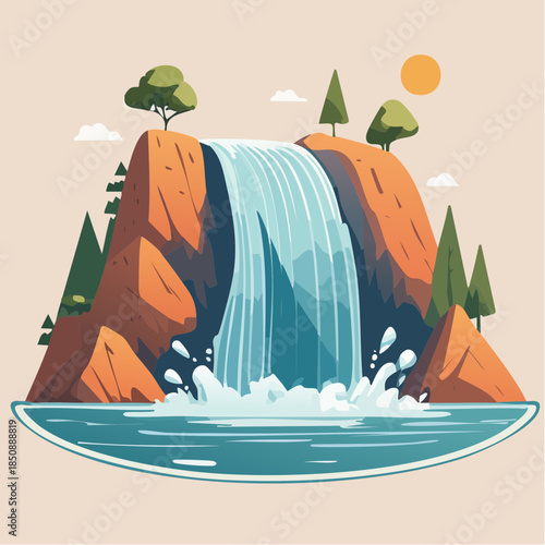 Cartoon illustration of a waterfall cascading down a rocky cliff into a pool of water.