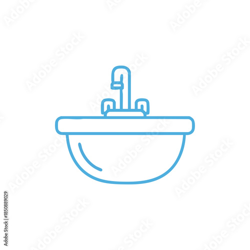 Simple blue line drawing of a bathroom sink with a faucet against a plain white background.