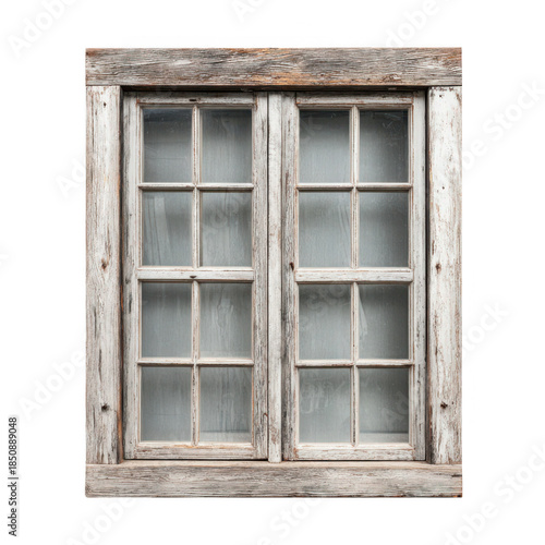 Old Weathered Wooden Window Frame with Multiple Panes and Distressed Finish isolated on transparent background