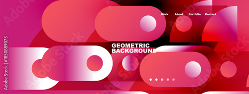 Vibrant geometric shapes dominate design. Pink, white hues create modern aesthetic. Text elements suggest website navigation options.