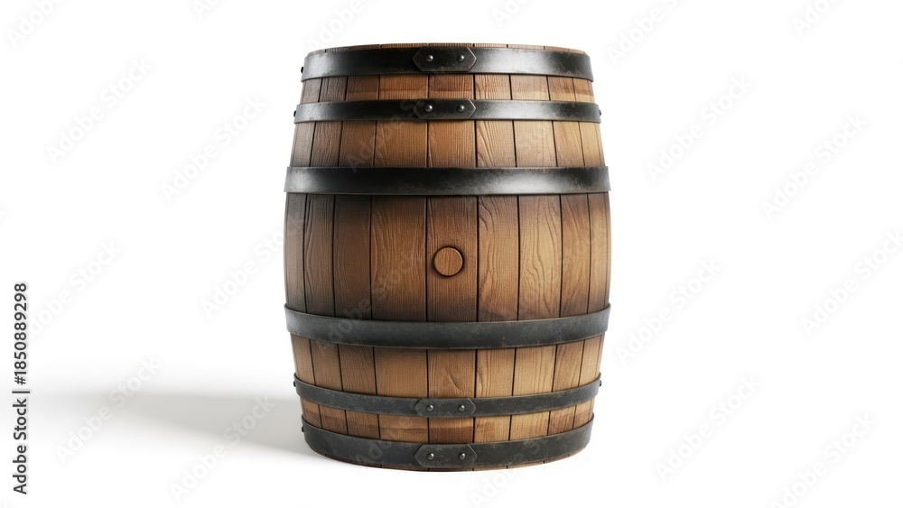 Obraz premium Rustic wooden barrel with metal hoops isolated on a white background