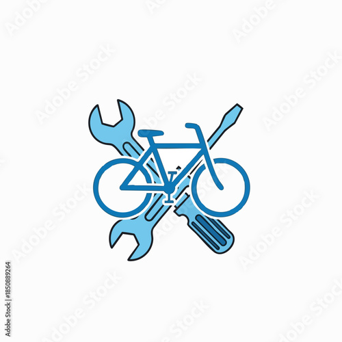 A blue graphic illustration of a bicycle with a wrench and screwdriver crossed over it on a white background.