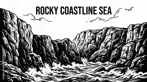 sketch of a rocky coastline meeting the sea, featuring textured stones, sharp cliffs, and rhythmic waves in a classic hand-drawn style