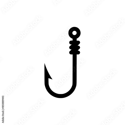 Bold Minimalist Fishing Hook Vector Icon. Black and White Flat Design Fish Hook Silhouette for SVG Cutting Files, Angling Branding, Fishing Club Logo, and Modern Outdoor Sport Illustration