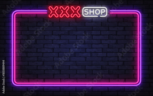 Eye catching neon vector frame with XXX shop sign and glowing border. Great for adult retail promotion, night street signs, and edgy design projects.