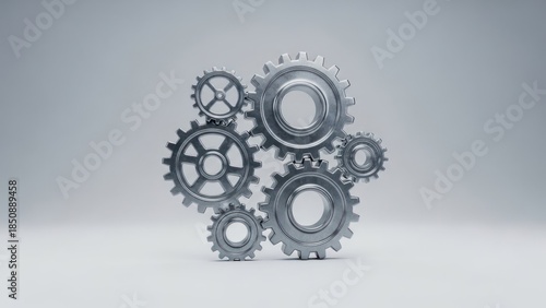 Shiny metal gears, various sizes, interlocking on a light gray background