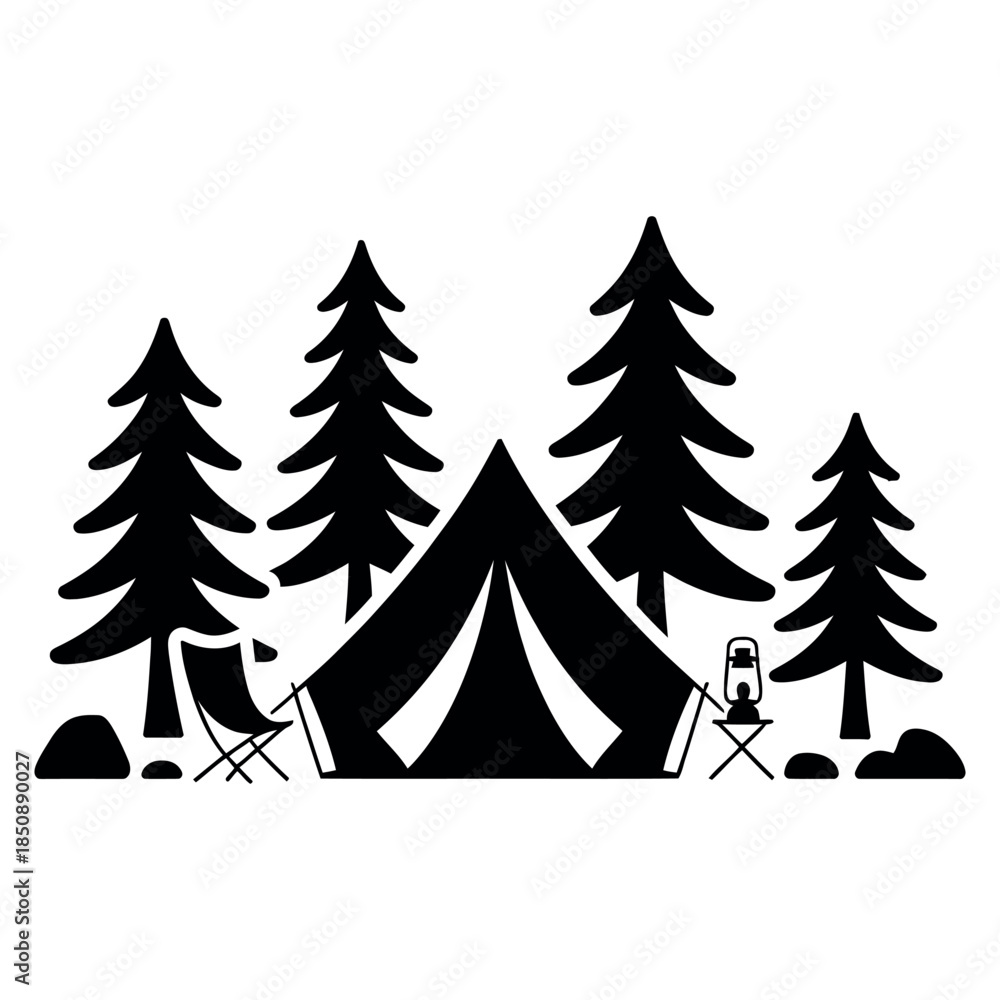 Fototapeta premium Camping scene with tent, pine trees, folding chair, and lantern, black silhouette vector graphic