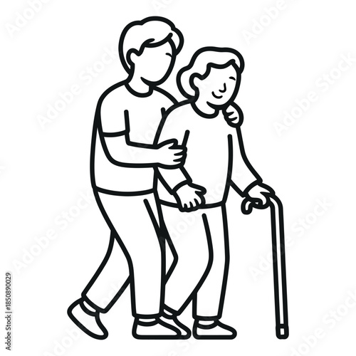 Caregiver assisting elderly woman with walking stick, line art icon of support and help for senior citizens