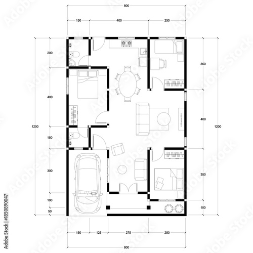 Black and White floor plan of a modern unfurnished house for your design. Suburban house vector blueprint. Architectural background.