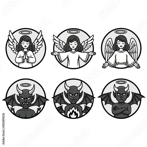 Angels and Devils Cartoon Icons - Good vs Evil in Circle Frames.
