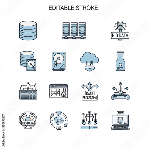 Big Data and Data Processing Icons Set with Editable Stroke.
