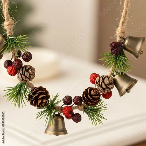 Wallpaper Mural Beautiful Jingle Bell Pinecone Cluster Cute Christmas Ornament Hanging on Festive Neutral Background Torontodigital.ca