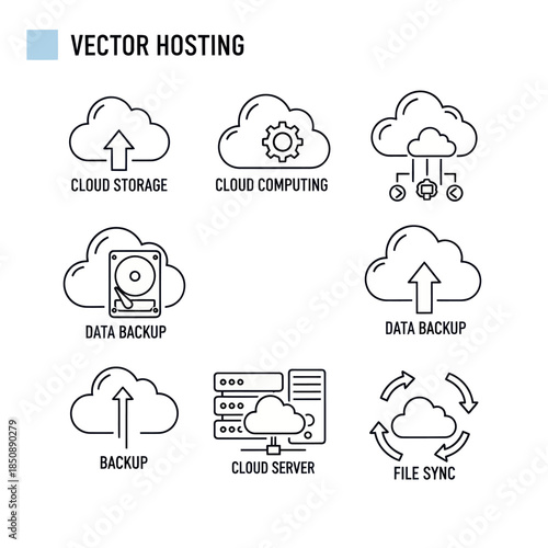Cloud Hosting Services - Storage, Computing, Backup, and File Sync Icons.