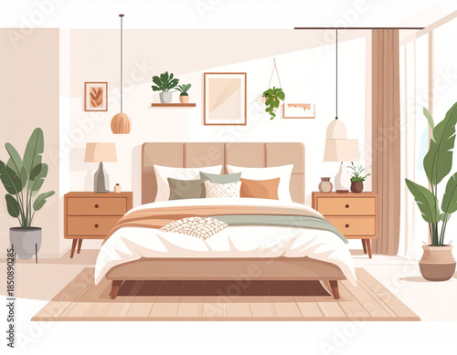 A serene and modern bedroom interior with a large bed, bedside tables, lamps, and various potted plants, creating a calm and inviting atmosphere.