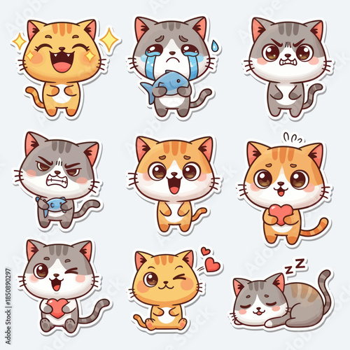 Collection of Adorable Cartoon Cats Expressing Various Emotions.