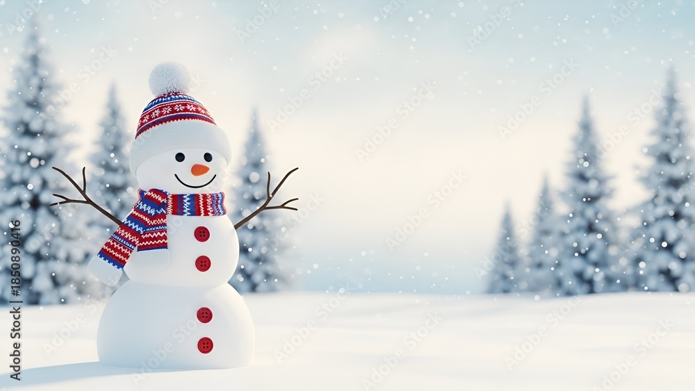Fototapeta premium Delightful winter scene featuring a cheerful snowman in a snowy landscape