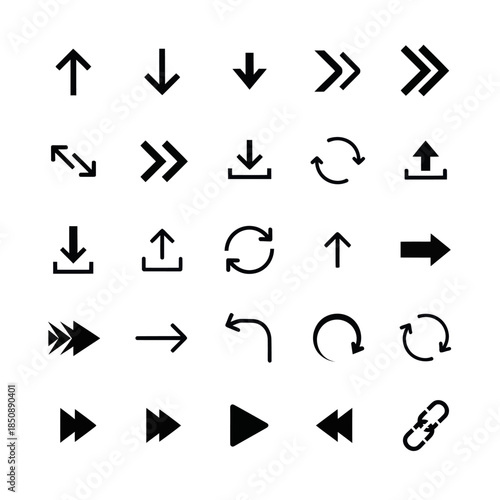 Collection of Black Arrow Icons on White Background.