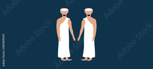 Hajj, Umrah pilgrim in Ahram Religious Dress.Muslim Pilgrims in White Robes Performing Hajj and Umrah.
