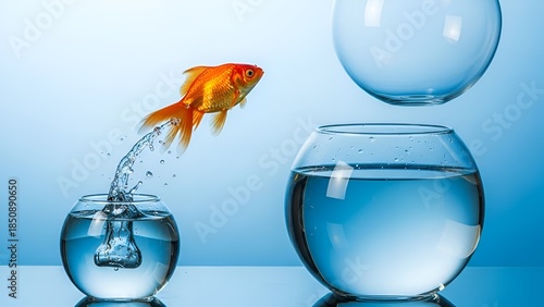 Goldfish leaping from small fishbowl to large fishbowl representing new opportunities