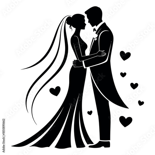 Silhouette of a bride and groom embracing, with floating hearts, perfect for wedding invitations, decorations, and romantic themes