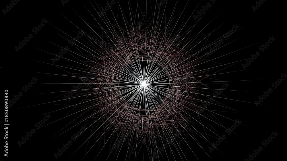 Fototapeta premium Radiant starburst with geometric lines emanating from bright center creating cosmic explosion effect on black background for digital art projects.