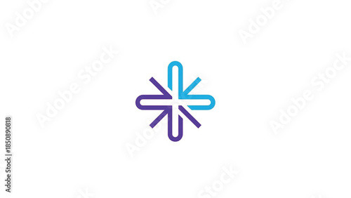 A modern minimalist starburst icon featuring a sleek, interconnected design with a blue and purple gradient. This professional vector illustration represents a compass, navigation, spark.