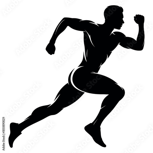 Silhouette of a male runner in full stride, black figure against a, symbolizing speed, fitness, and athleticism