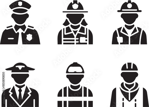 Set of different profession people silhouettes, black and white vector illustration of workers and occupations, isolated collection for business, career, and workforce concepts